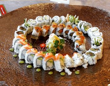 Close-up of sushi served in plate