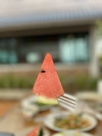 Close-up of strawberry in plate on table