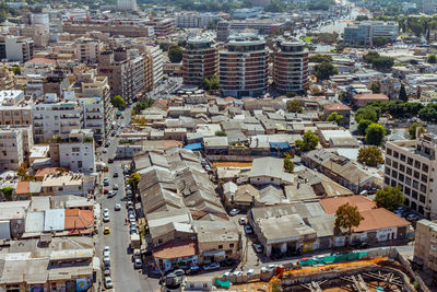 High angle view of buildings in city