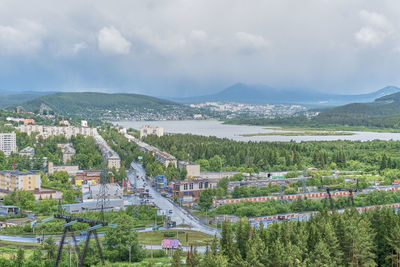 High angle view of townscape against sky