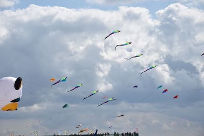 Low angle view of kites flying in sky