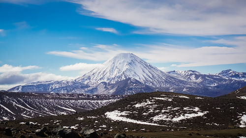 Scenic view of snow covered mountains against sky