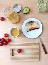 High angle view of breakfast served on table