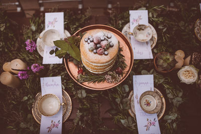 High angle view of breakfast on table