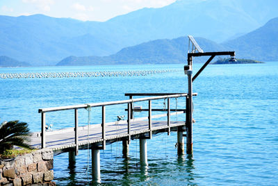 Scenic view of lake by mountains against sky