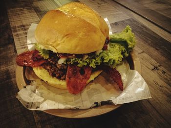 High angle view of burger on table