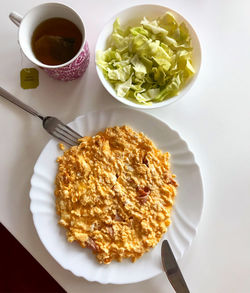 High angle view of breakfast served on table