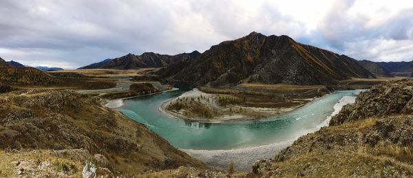 Panoramic view of lake and mountains against sky