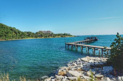 Scenic view of river against clear blue sky