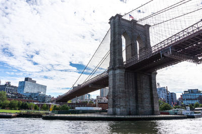 Bridge over river with city in background