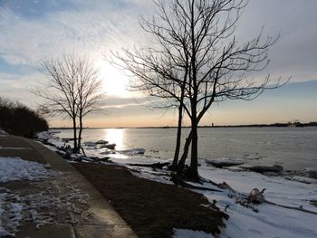 Silhouette bare trees on snow covered riverbank against sky