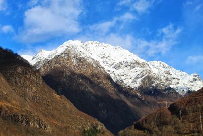 Low angle view of snowcapped mountain against sky