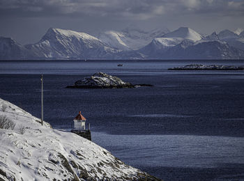 Scenic view of sea and mountains against sky