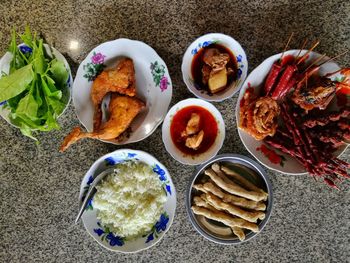 High angle view of multi colored food