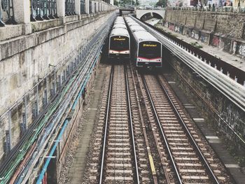 High angle view of train at railroad station