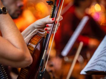 Cropped hand of woman holding violin