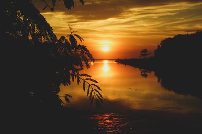 Scenic view of silhouette trees by lake against sky during sunset