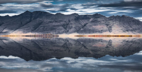 Reflection of mountain against sky in lake at dusk