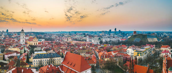 High angle view of townscape against sky during sunset