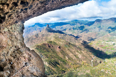 Landscape view from above of mountain range, valley and road at canary island