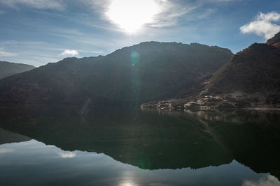 Pristine lake surrounded by himalayan mountain with pristine water reflection isolated view