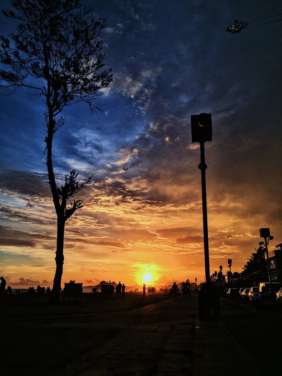 sky, sunset, dawn, silhouette, evening, cloud, afterglow, horizon, nature, tree, sun, beauty in nature, plant, scenics - nature, orange color, tranquility, street, sunlight, tranquil scene, outdoors, street light, dramatic sky, no people, architecture, darkness, idyllic, transportation, road, landscape