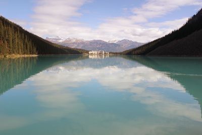 Scenic view of lake and mountains against sky