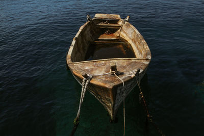 High angle view of boat moored on sea