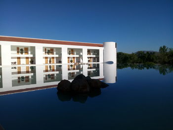 Reflection of built structure in water against clear blue sky