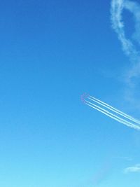 Low angle view of helicopter flying against clear blue sky