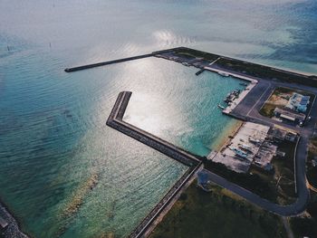 High angle view of ship sailing in sea against sky