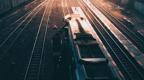 High angle view of railroad tracks in city