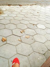 Low section of woman standing on footpath