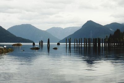 Wooden posts in lake against sky