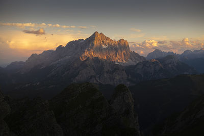 Landscape mountain peak on sunset.