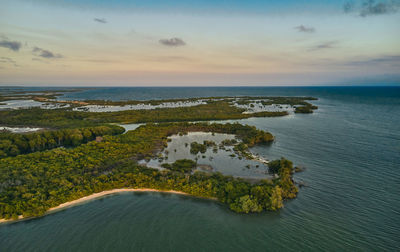 Beautiful sunset in the bay of tucacas, falcon - venezuela. aerial view.