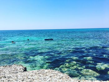 Scenic view of sea against clear blue sky