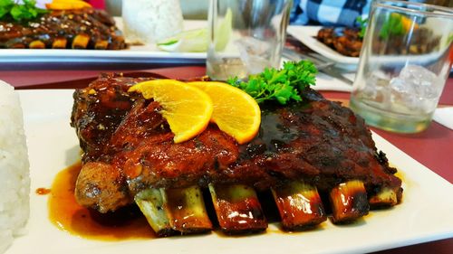 Close-up of food served on table