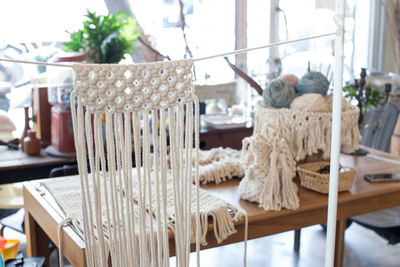 Close-up of woolen bag being made in workshop