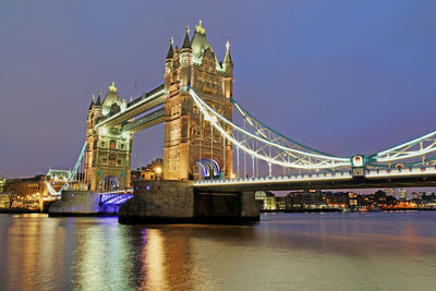 Low angle view of tower bridge at dusk