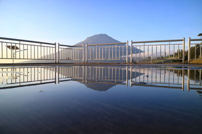 Reflection of bridge in lake against clear blue sky