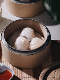 High angel view of dumplings in container on table