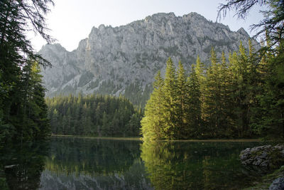 Scenic view of lake in mountains against sky