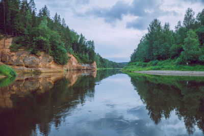 Scenic view of lake by trees against sky