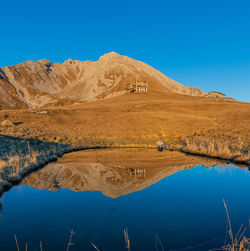 Scenic view of lake and mountains against clear blue sky