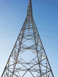 Low angle view of electricity pylon against clear sky