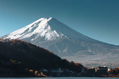 Scenic view of snowcapped mountains against clear sky