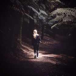 Rear view of woman walking on road in forest