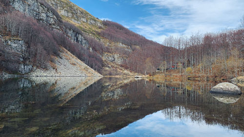 Scenic view of lake and mountains against sky