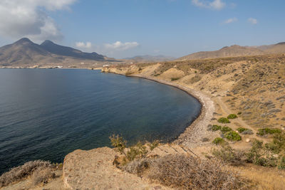 Scenic view of sea and mountains against sky